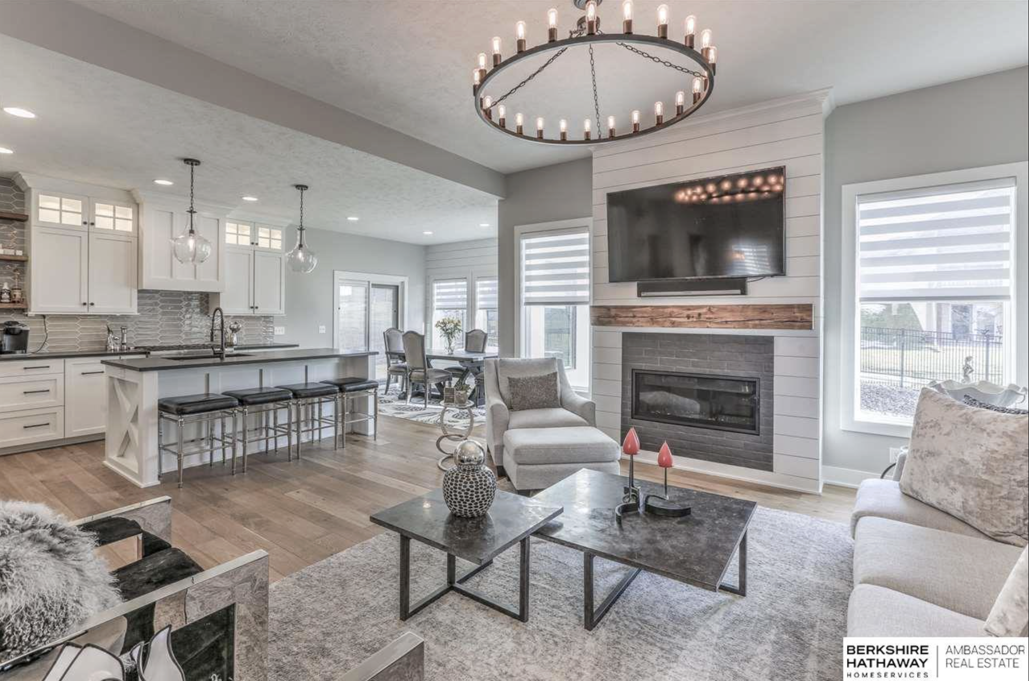 Shiplap fireplace great room